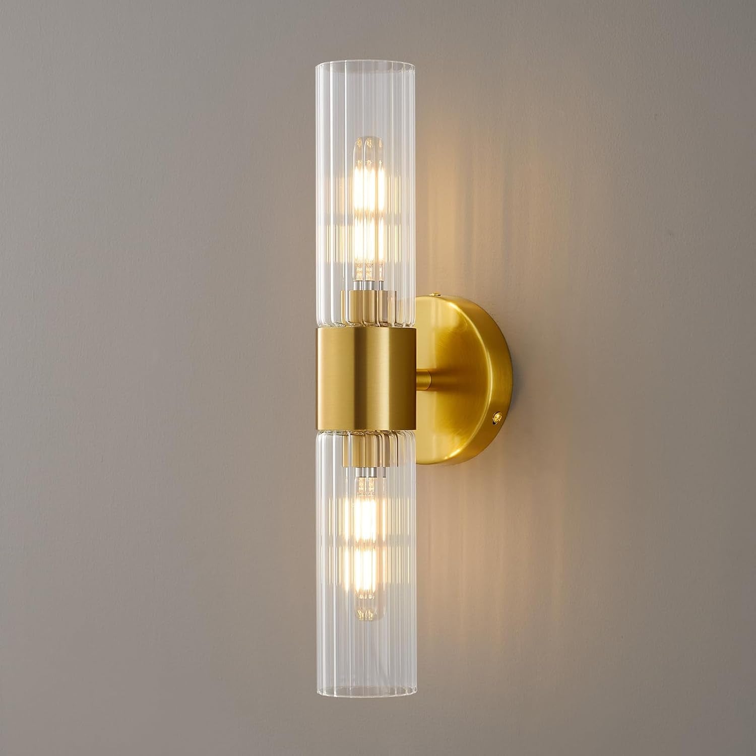 Wall Sconces Set of Two, Bathroom Light Fixtures 2-Light, Modern Vanity Light for Bathroom, Wall Light with Glass Rods Shades for Mirror Bedroom Hallway (Brushed Brass)