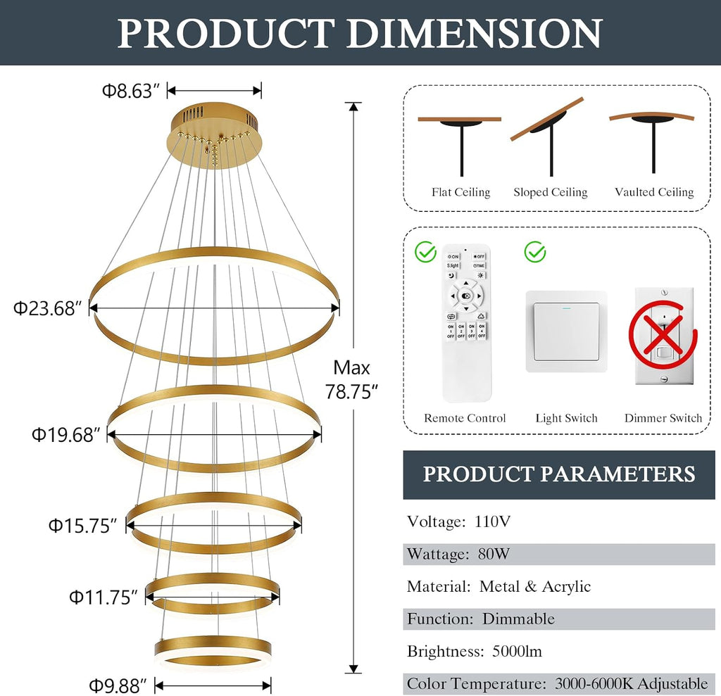 Stunning 5-Ring Gold LED Chandelier - Modern Dimmable Pendant Light Fixture with Remote Control for High Ceilings in Entryway, Living Room, and Staircase