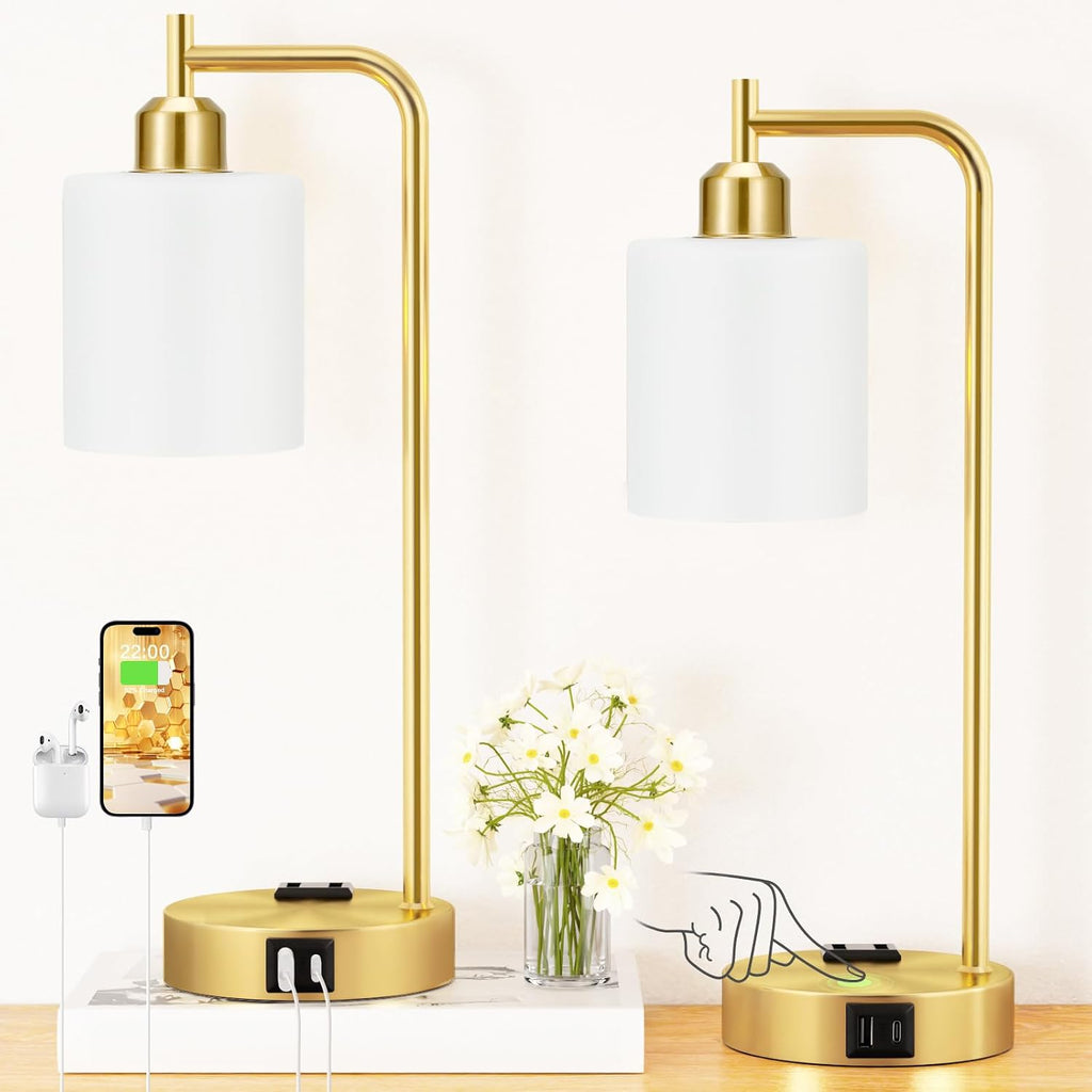 Industrial Gold Table Lamps for Bedrooms Set of 2-3-Way Dimmable Desk Lamp with USB C+A Ports and Outlet, Gold Lamps with Opal Glass Shade for Living Room, Desk Lamps for Home Office