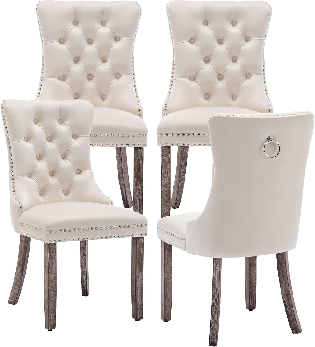 Elegant Velvet Dining Chairs Set of 4 - Luxurious Upholstered Kitchen & Dining Room Seating with High Wing Back, Nailhead Trim, and Stylish Metal Pull Ring in Beige