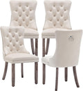 Elegant Velvet Dining Chairs Set of 4 - Luxurious Upholstered Kitchen & Dining Room Seating with High Wing Back, Nailhead Trim, and Stylish Metal Pull Ring in Beige