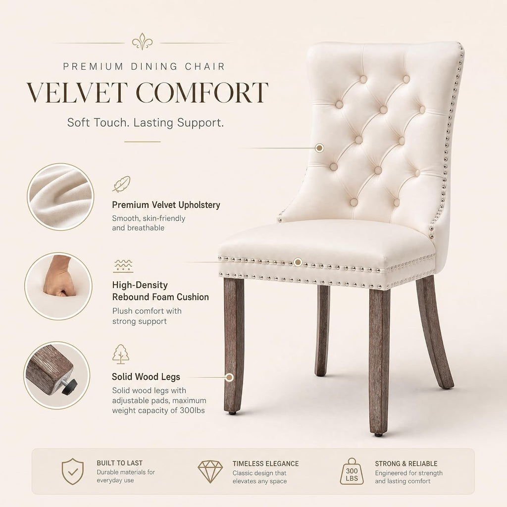 Elegant Velvet Dining Chairs Set of 4 - Luxurious Upholstered Kitchen & Dining Room Seating with High Wing Back, Nailhead Trim, and Stylish Metal Pull Ring in Beige