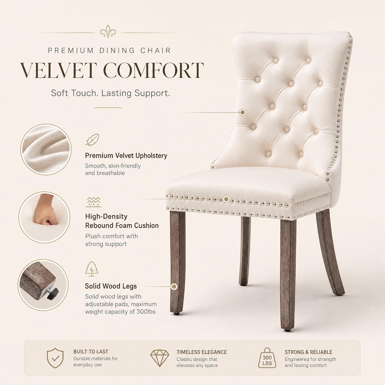 Elegant Velvet Dining Chairs Set of 4 - Luxurious Upholstered Kitchen & Dining Room Seating with High Wing Back, Nailhead Trim, and Stylish Metal Pull Ring in Beige