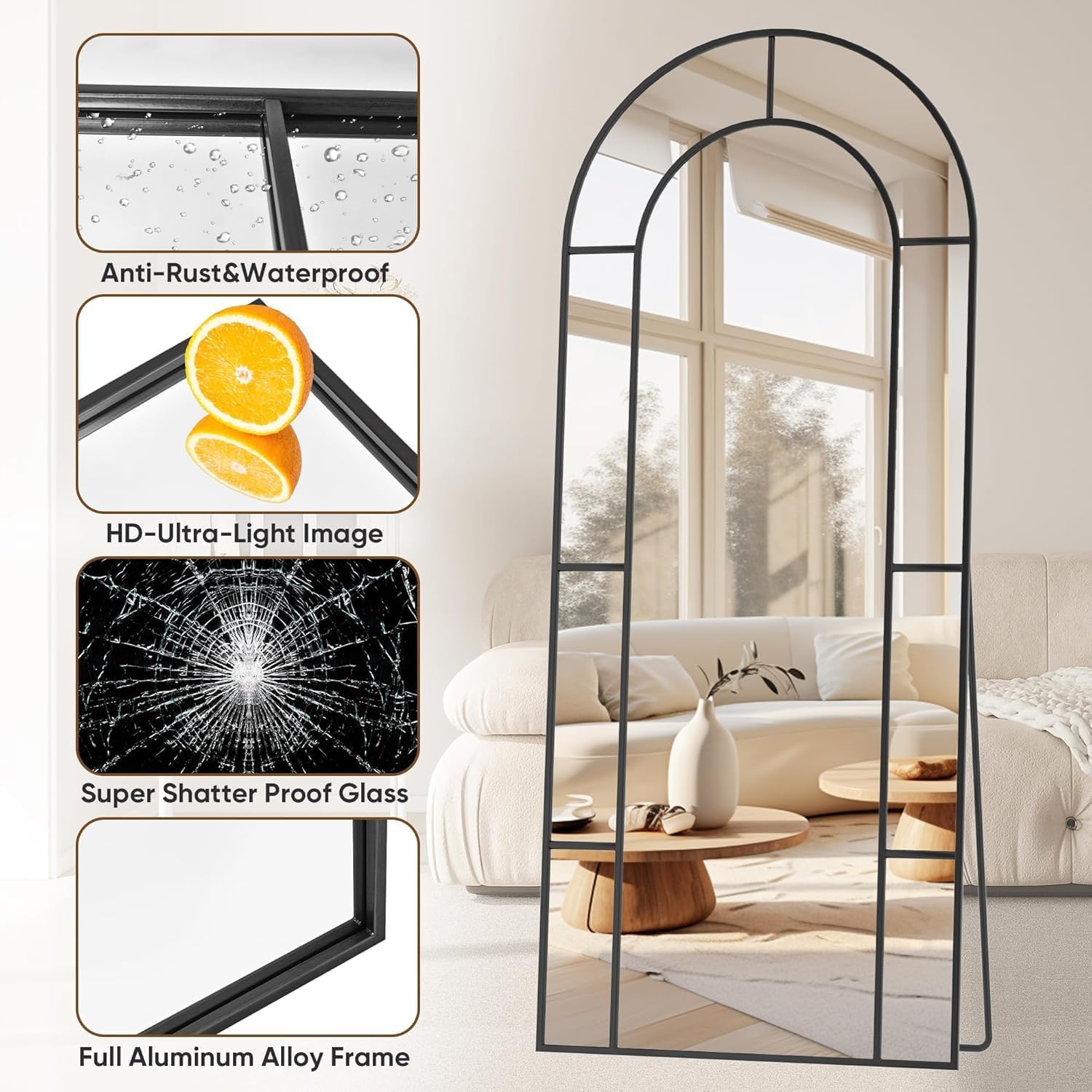 Stunning Full-Length Arched Mirror - 21" x 58" Black Window Design for Elegant Home Decor