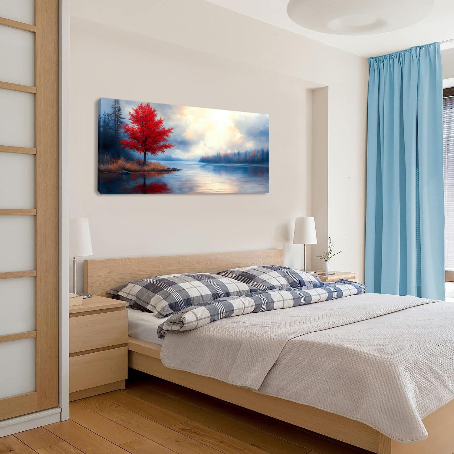 Stunning Lake Canvas Wall Art Featuring a Vibrant Red Maple Tree - Impressionist Oil Painting for Your Living Room, Bedroom, or Home Office (40" x 20")