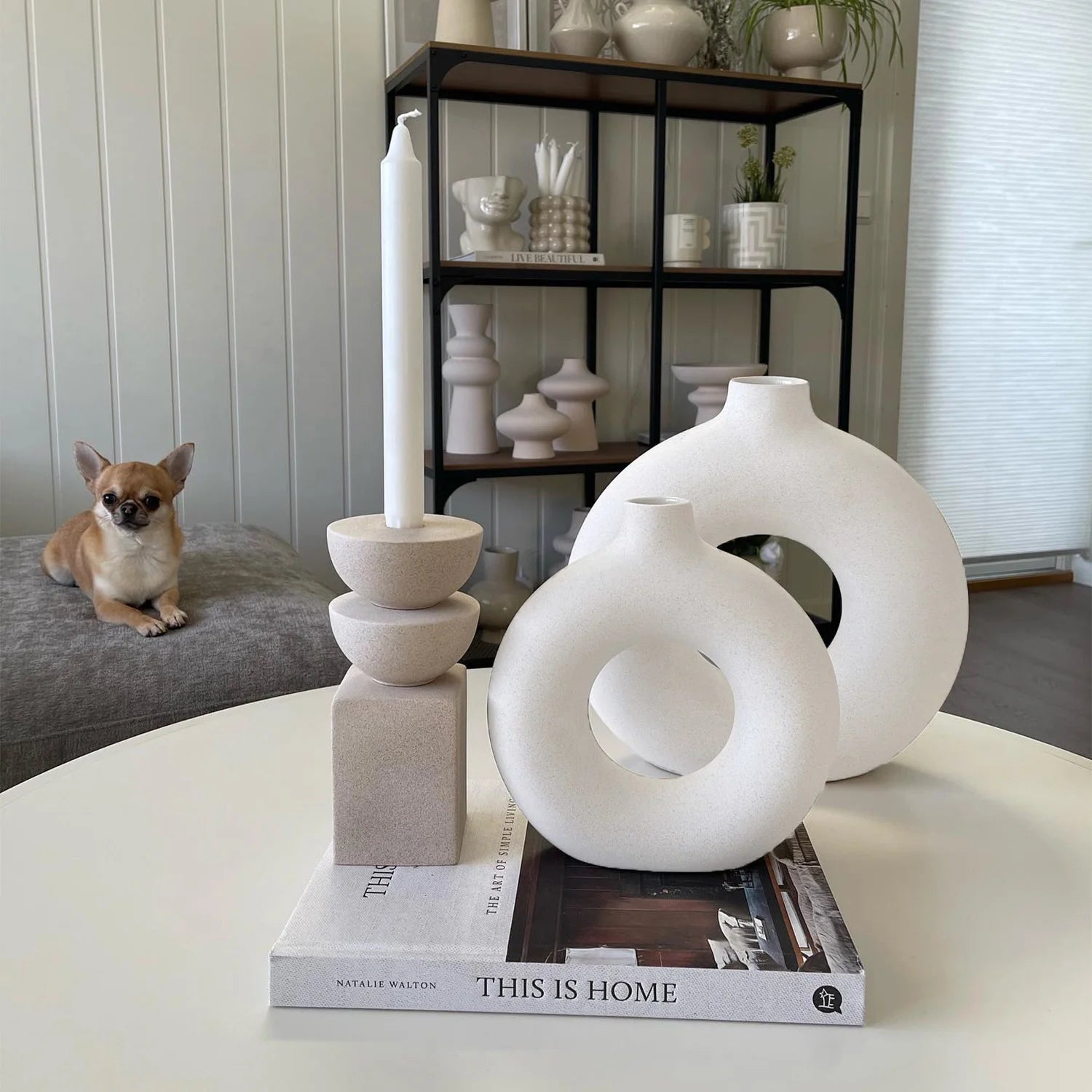 Elevate Your Home Decor with Our Set of 2 Stylish White Ceramic Donut Vases - Perfect for Modern Farmhouse Aesthetics!