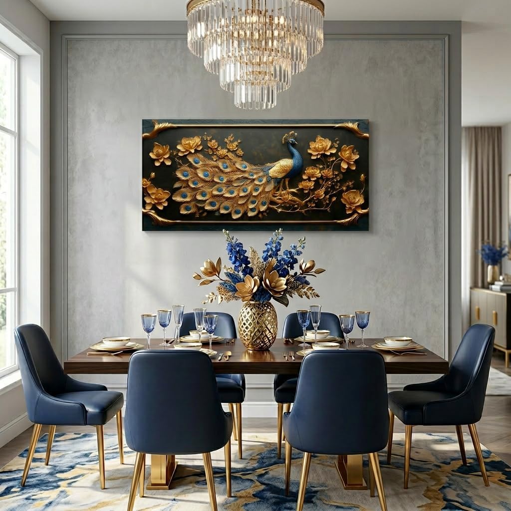 Elegant Gold Country Peacock Wall Art - Stunning 40x20 Inches Canvas Painting for Living Room and Office Decor
