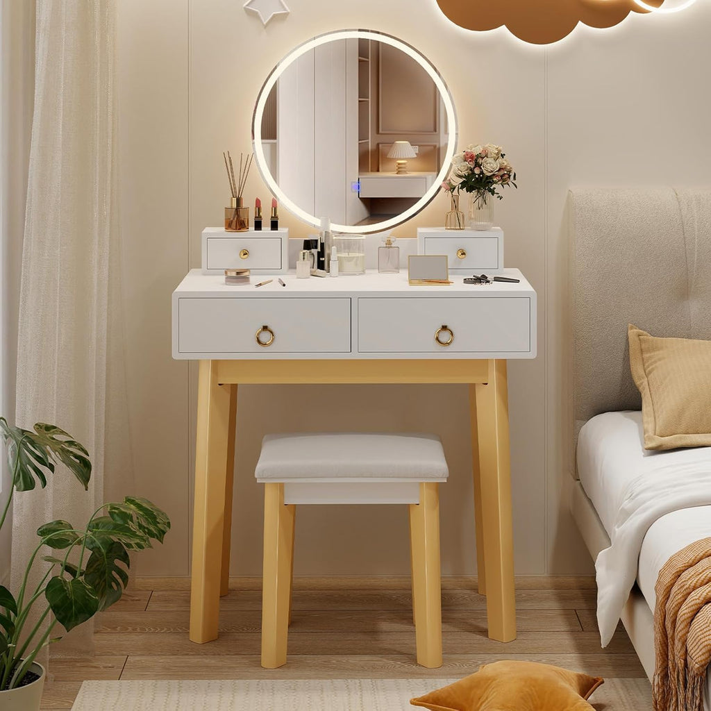 Glam Up Your Space: Elegant White Makeup Vanity Desk with LED Mirror & 4 Storage Drawers - Perfect for Girls' Bedrooms!