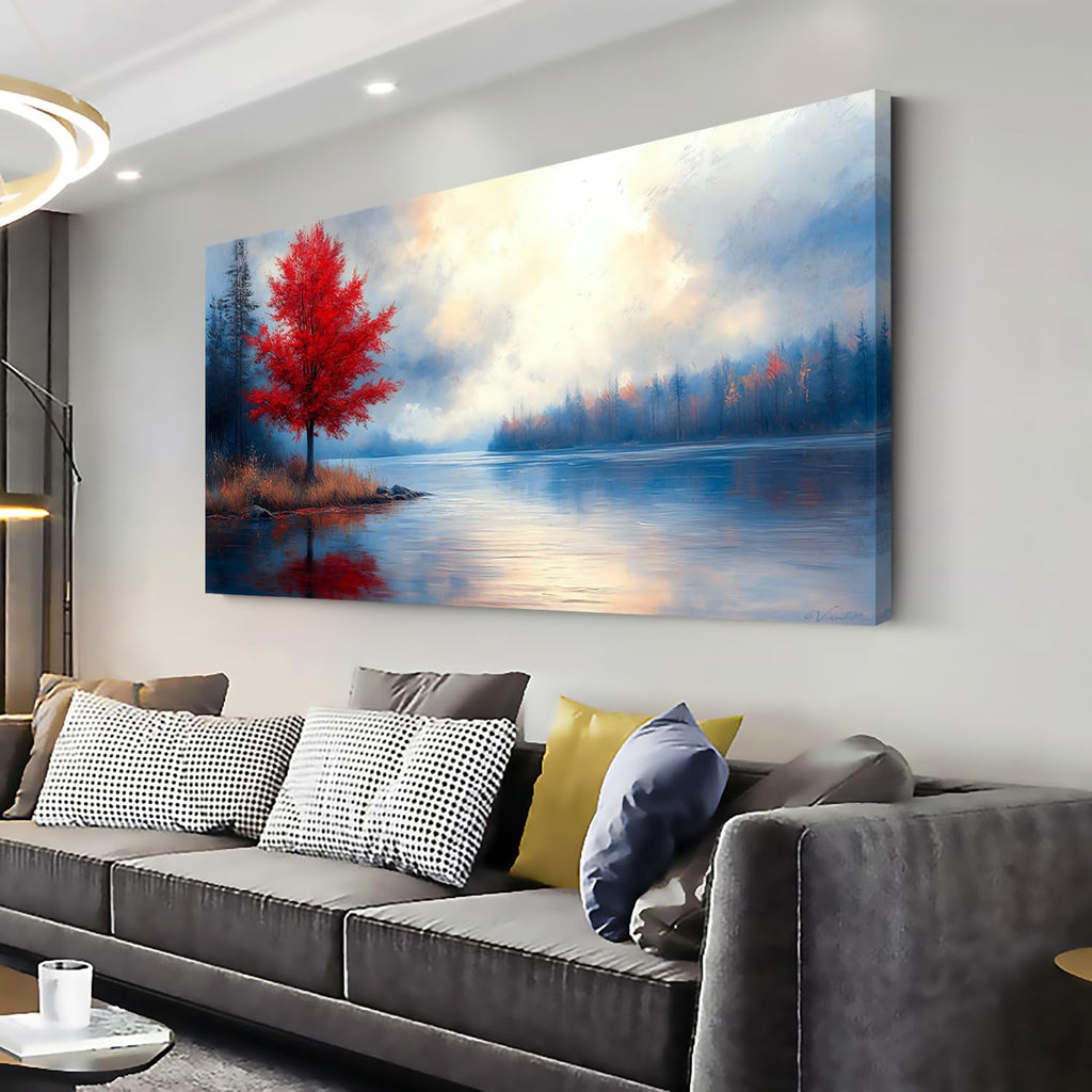 Stunning Lake Canvas Wall Art Featuring a Vibrant Red Maple Tree - Impressionist Oil Painting for Your Living Room, Bedroom, or Home Office (40" x 20")