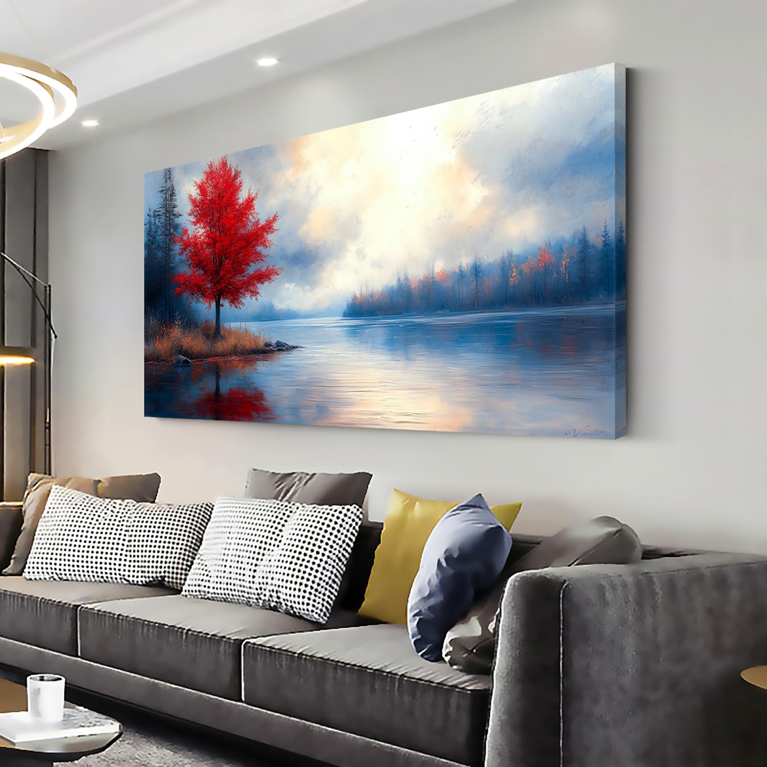 Stunning Lake Canvas Wall Art Featuring a Vibrant Red Maple Tree - Impressionist Oil Painting for Your Living Room, Bedroom, or Home Office (40" x 20")