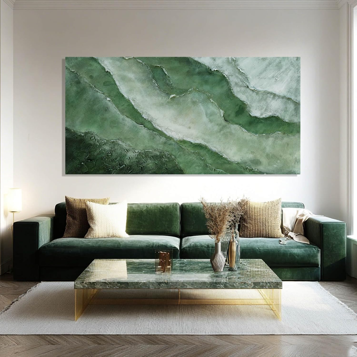 Elegant Jade Green Abstract Canvas Art - Framed Wall Decor for Bedroom and Living Room, 24" x 48"