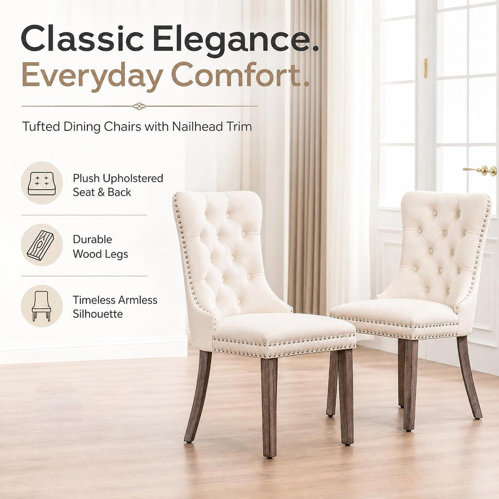 Elegant Velvet Dining Chairs Set of 4 - Luxurious Upholstered Kitchen & Dining Room Seating with High Wing Back, Nailhead Trim, and Stylish Metal Pull Ring in Beige