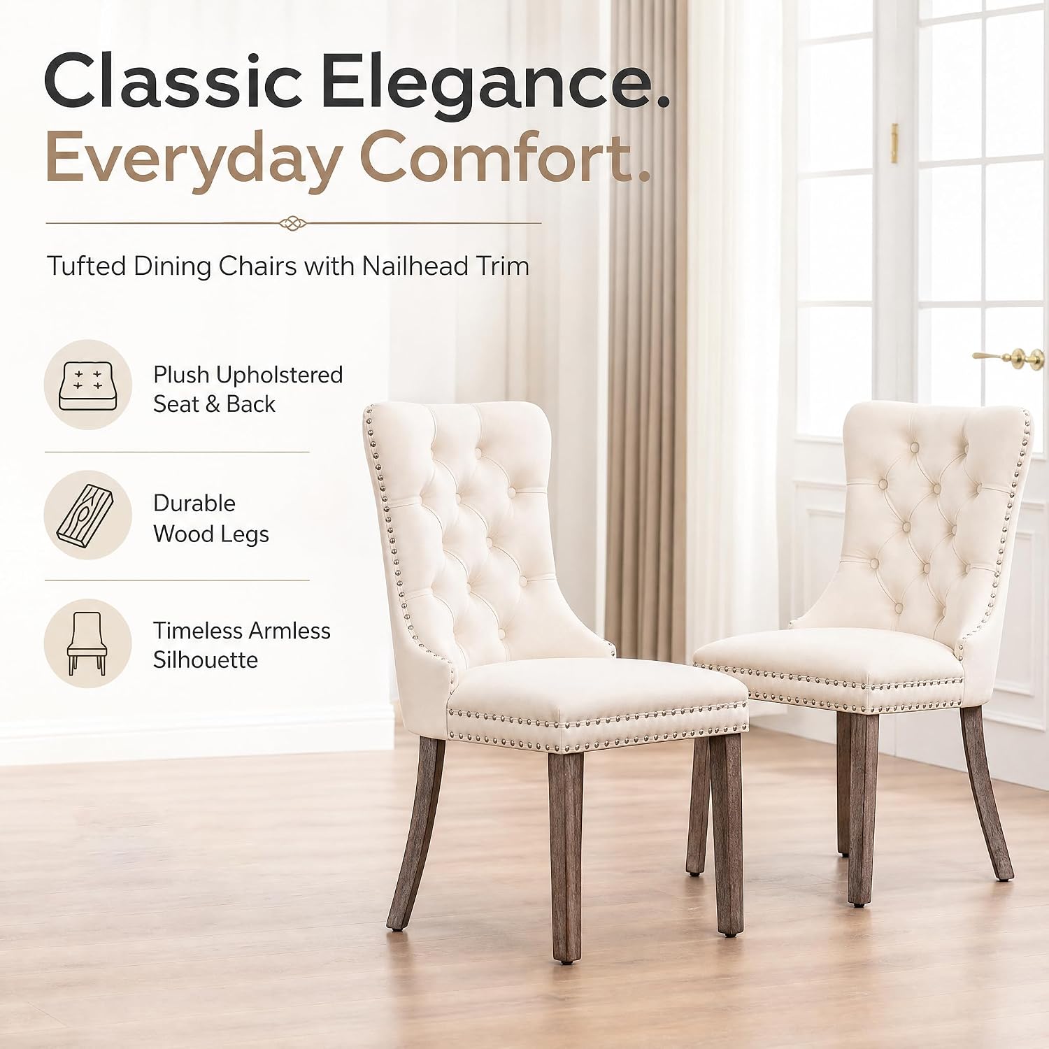 Elegant Velvet Dining Chairs Set of 4 - Luxurious Upholstered Kitchen & Dining Room Seating with High Wing Back, Nailhead Trim, and Stylish Metal Pull Ring in Beige