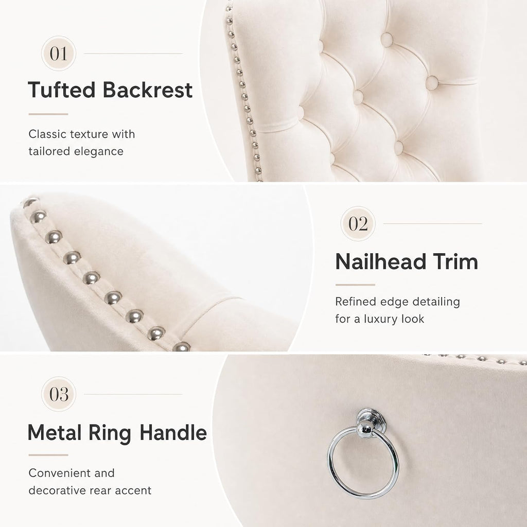 Elegant Velvet Dining Chairs Set of 4 - Luxurious Upholstered Kitchen & Dining Room Seating with High Wing Back, Nailhead Trim, and Stylish Metal Pull Ring in Beige