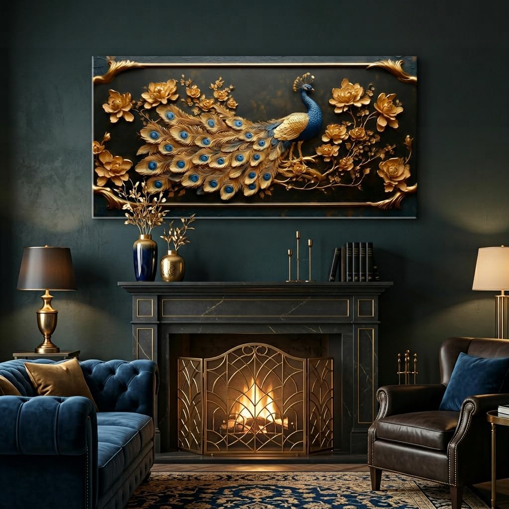Elegant Gold Country Peacock Wall Art - Stunning 40x20 Inches Canvas Painting for Living Room and Office Decor
