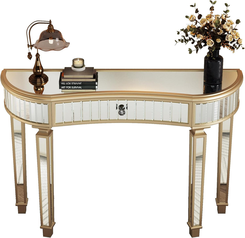 Stylish 47-Inch Mirrored Console Table with Crystal Knob - Modern Glam Entryway Table for Living Room and Hallway