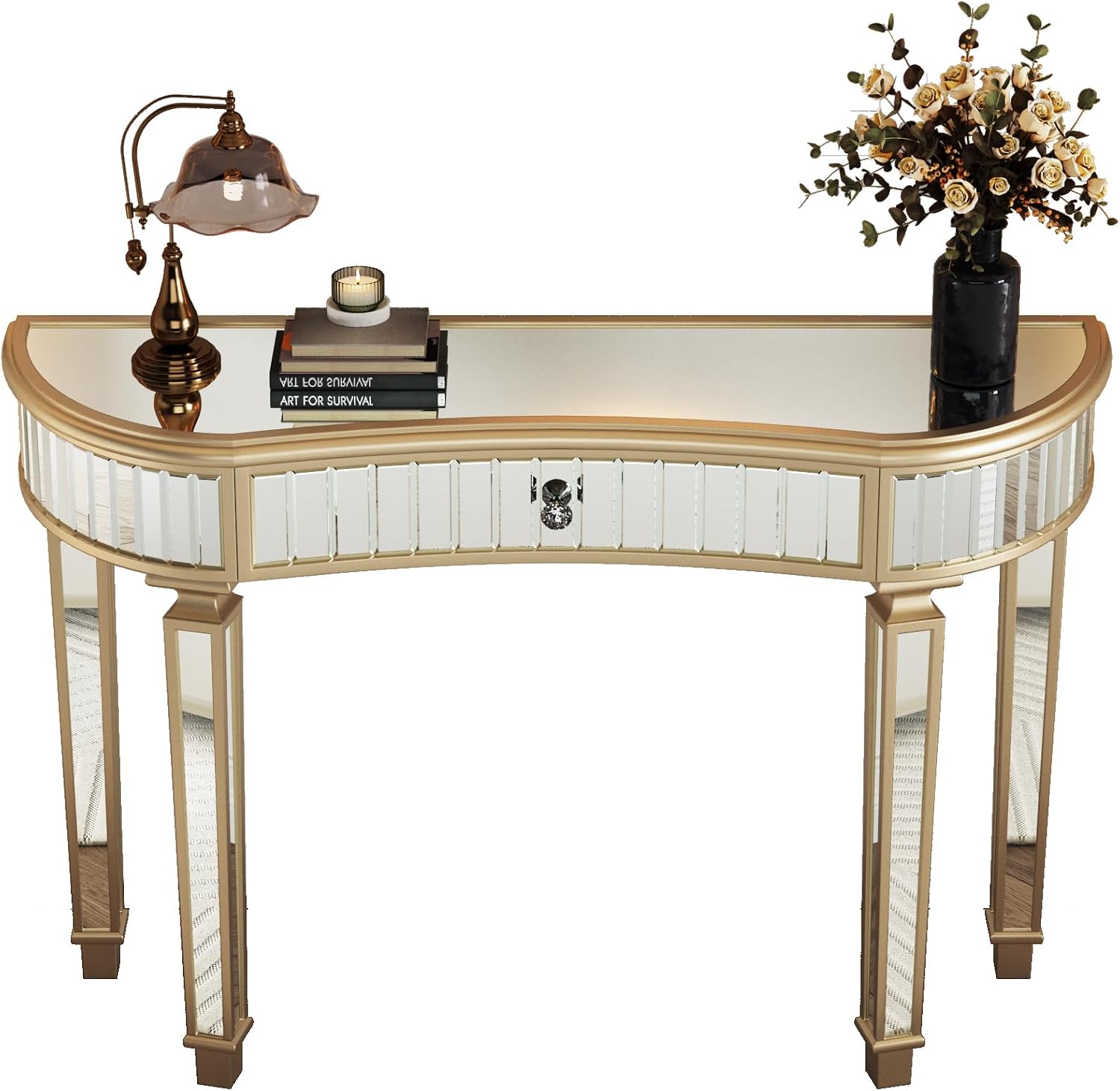Stylish 47-Inch Mirrored Console Table with Crystal Knob - Modern Glam Entryway Table for Living Room and Hallway
