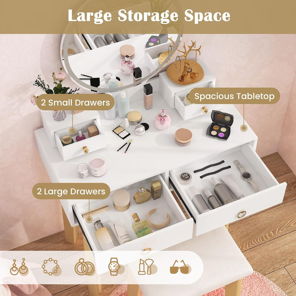 Glam Up Your Space: Elegant White Makeup Vanity Desk with LED Mirror & 4 Storage Drawers - Perfect for Girls' Bedrooms!