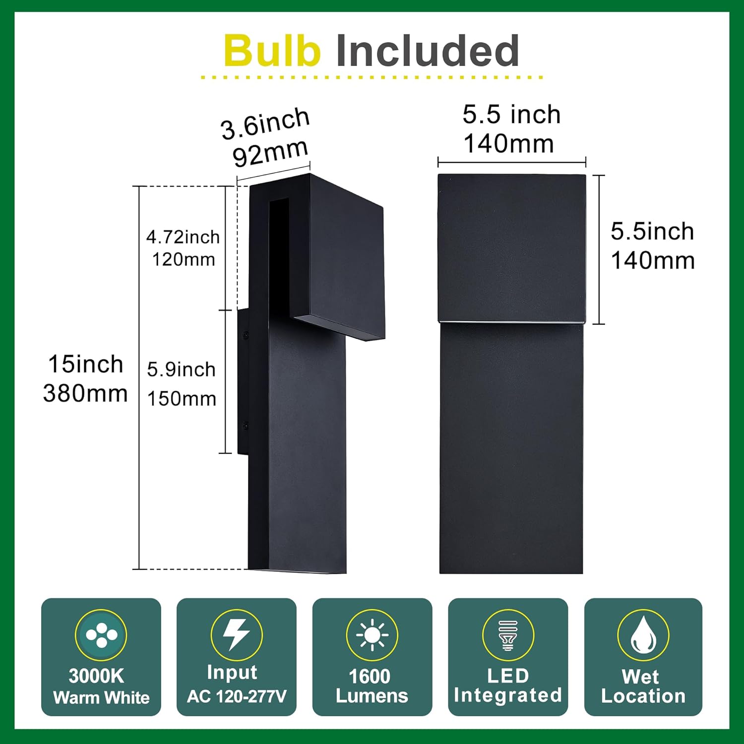 Sleek Modern LED Wall Lights - 2 Pack Waterproof Outdoor/Indoor Fixtures, 17W Warm White Illumination in Textured Black Finish for Your Entryway, Garage, and Patio