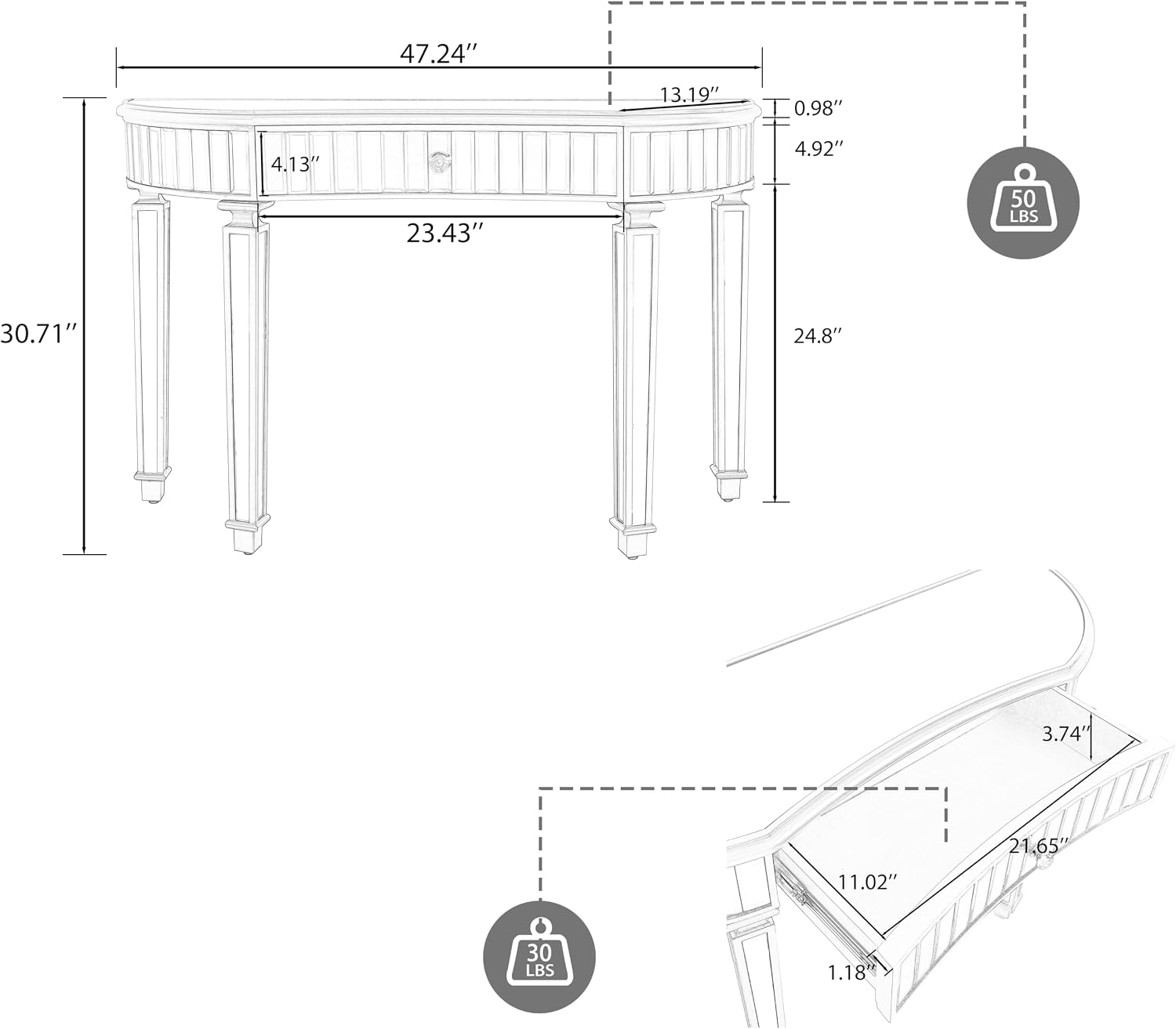 Stylish 47-Inch Mirrored Console Table with Crystal Knob - Modern Glam Entryway Table for Living Room and Hallway