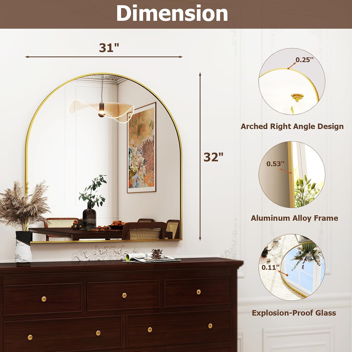 Stunning 31" x 32" Arched Gold Wall Mirror - Perfect for Bathroom, Bedroom, Living Room & Entryway Decor