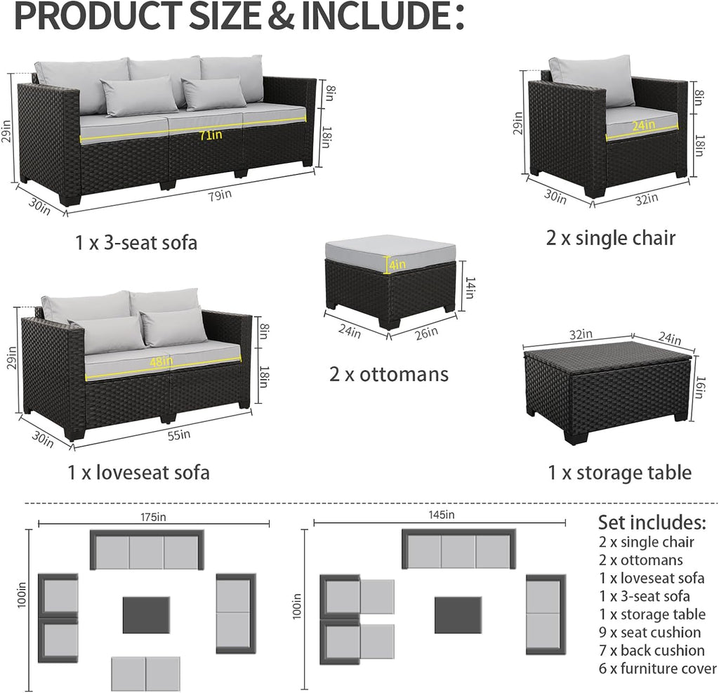 Luxurious 7-Piece Modern Patio Furniture Set with Stylish Light Grey Cushions and Convenient Storage Table