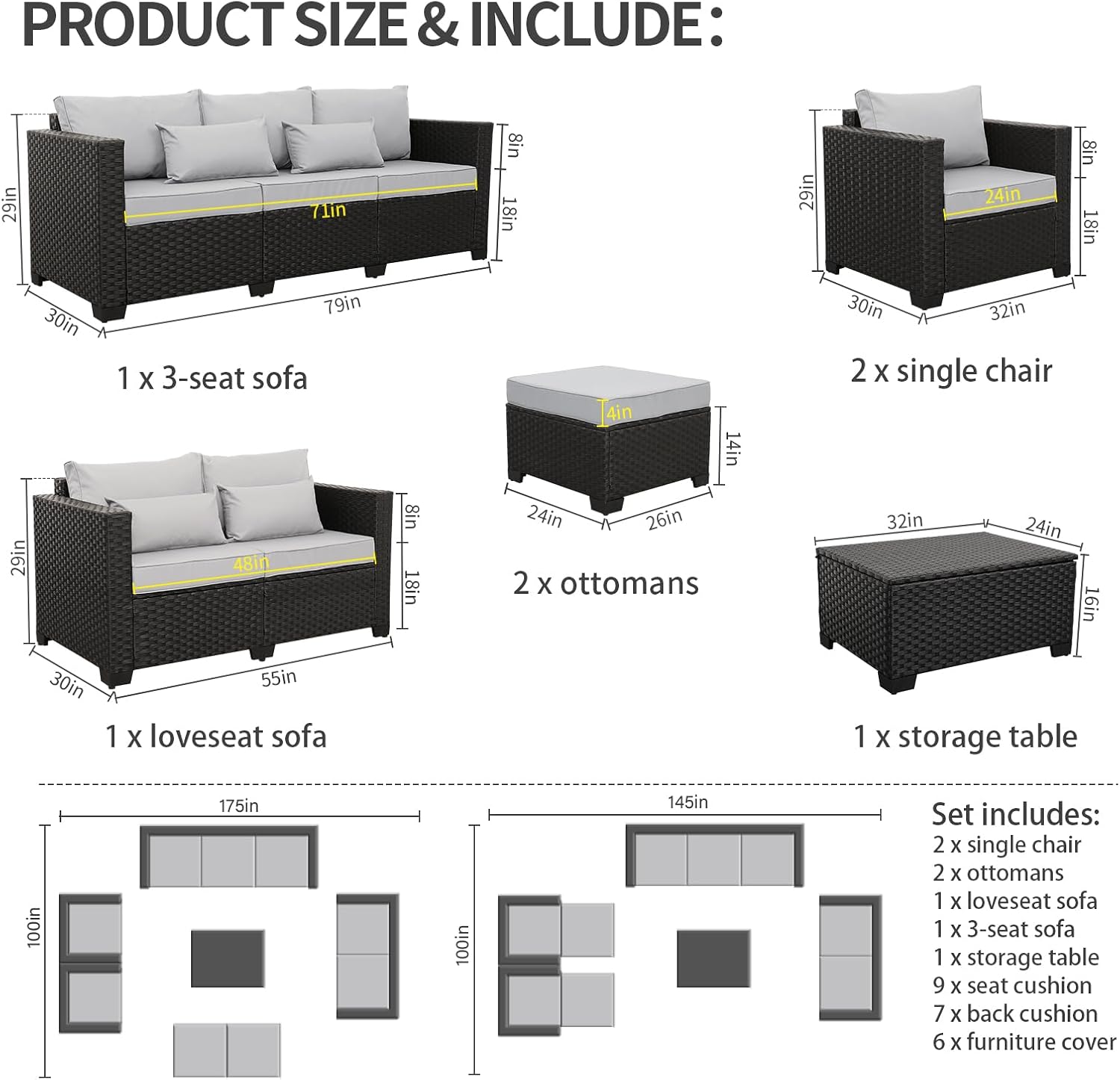 Luxurious 7-Piece Modern Patio Furniture Set with Stylish Light Grey Cushions and Convenient Storage Table