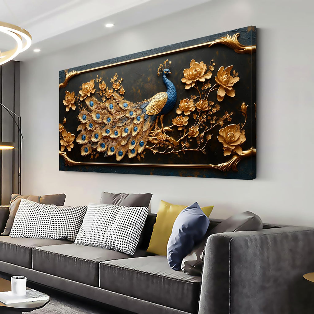 Elegant Gold Country Peacock Wall Art - Stunning 40x20 Inches Canvas Painting for Living Room and Office Decor