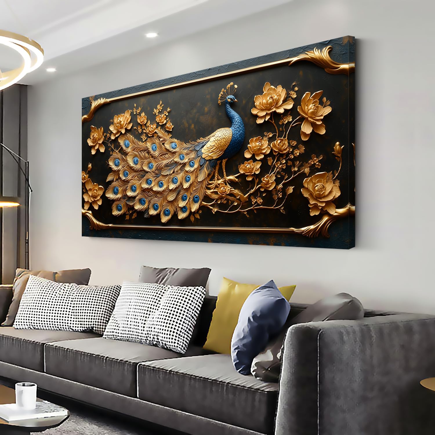 Elegant Gold Country Peacock Wall Art - Stunning 40x20 Inches Canvas Painting for Living Room and Office Decor