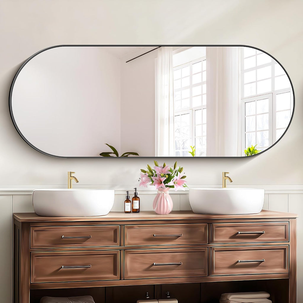 Sleek Black Oval Wall Mirror - 24" x 60" Modern Metal Frame for Bathroom, Bedroom, and Entryway