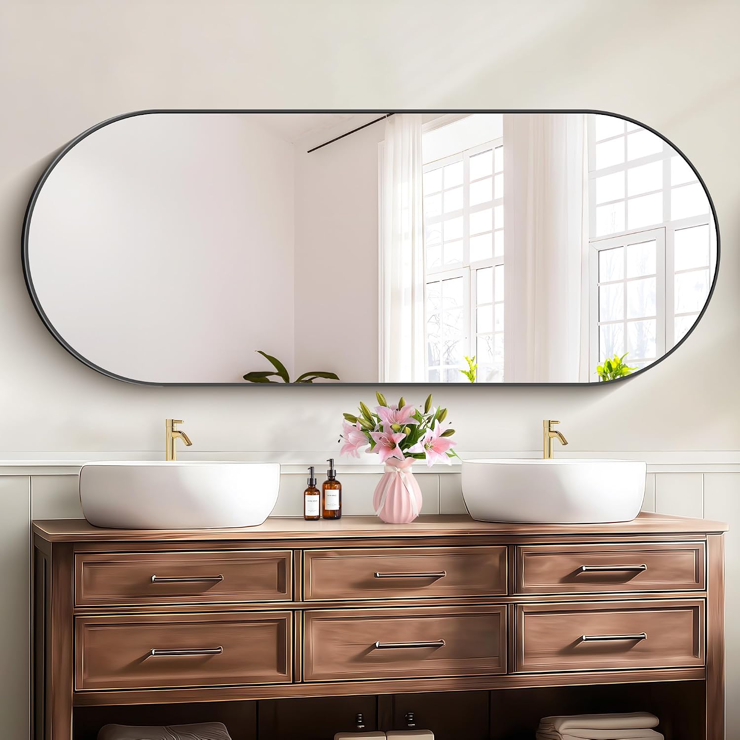 Sleek Black Oval Wall Mirror - 24" x 60" Modern Metal Frame for Bathroom, Bedroom, and Entryway
