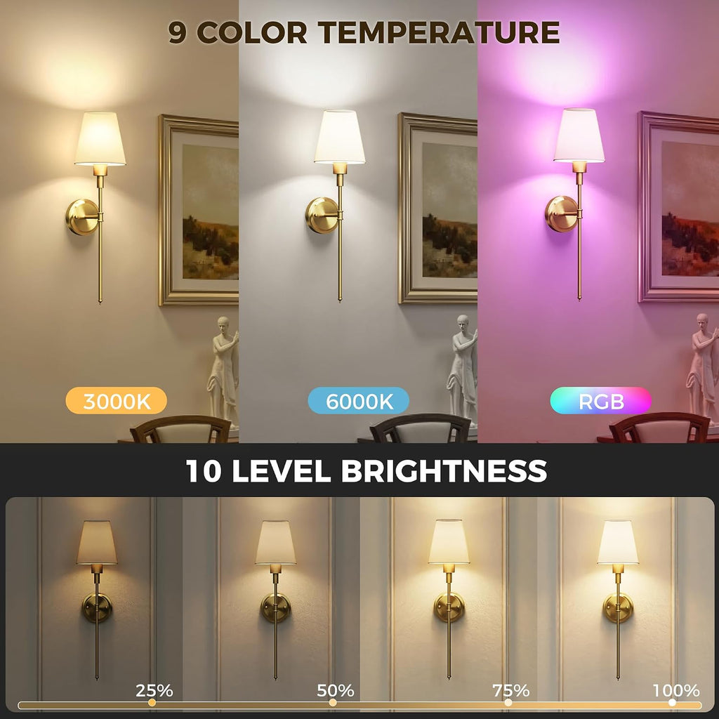 Illuminate Your Space with Our Set of 2 Battery Operated Wall Sconces - Stylish Gold Design with Wireless Remote Control and Adjustable Brightness
