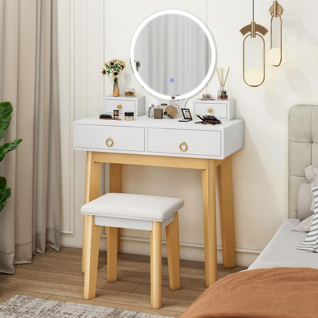 Glam Up Your Space: Elegant White Makeup Vanity Desk with LED Mirror & 4 Storage Drawers - Perfect for Girls' Bedrooms!