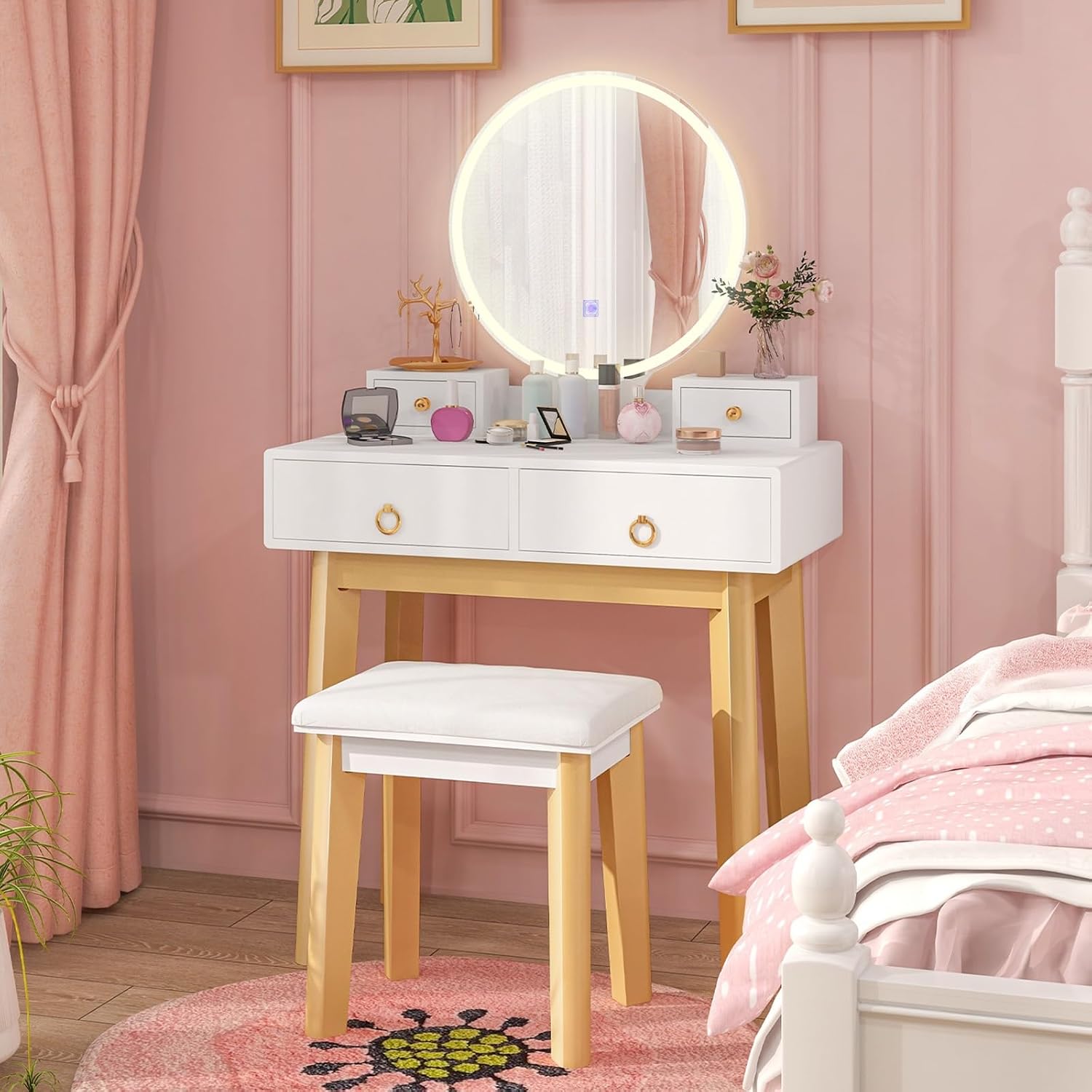 Glam Up Your Space: Elegant White Makeup Vanity Desk with LED Mirror & 4 Storage Drawers - Perfect for Girls' Bedrooms!
