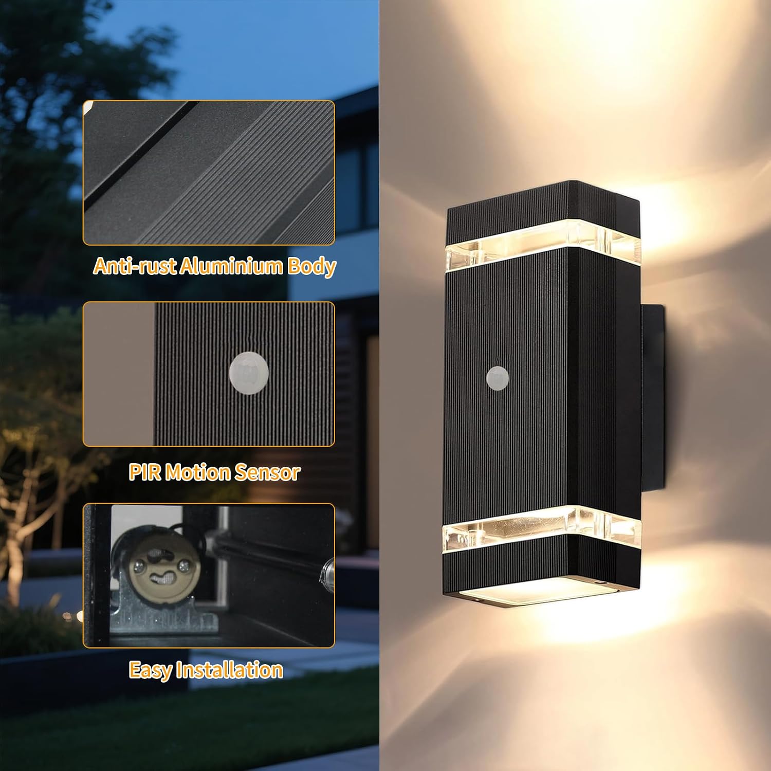 Illuminate Your Outdoors with Motion Sensor Aluminum Wall Lights - Stylish Up & Down Fixture for Garages, Porches, and Doorways