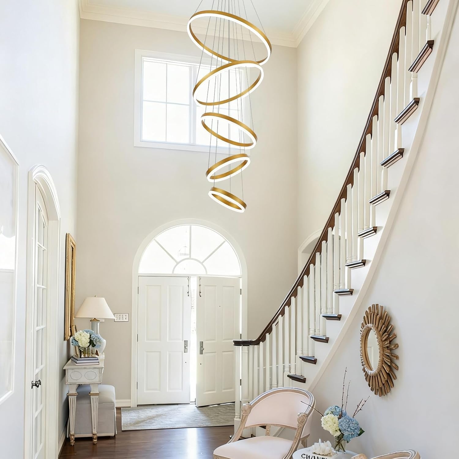 Stunning 5-Ring Gold LED Chandelier - Modern Dimmable Pendant Light Fixture with Remote Control for High Ceilings in Entryway, Living Room, and Staircase