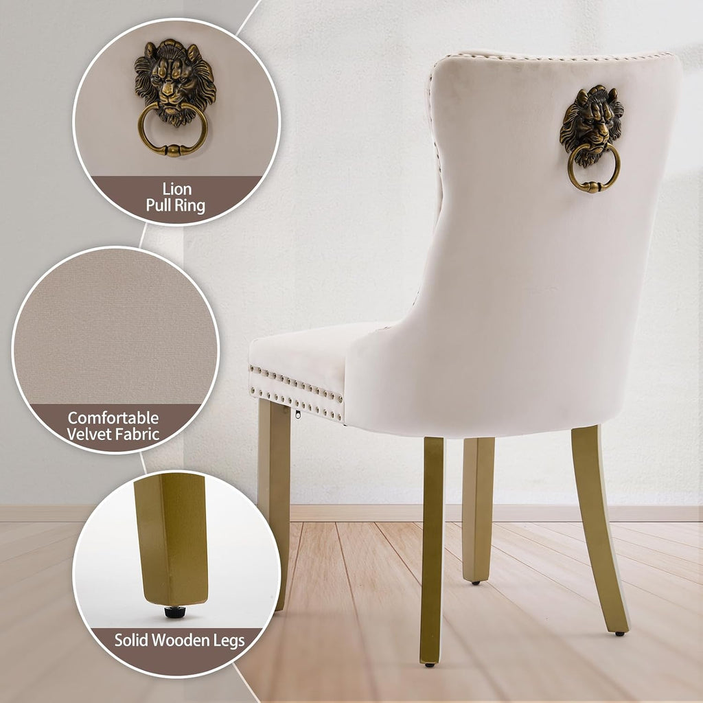 Elevate Your Dining Experience with Our Luxurious Beige Velvet Dining Chairs Set of 4 – Stylish Upholstered Design with Golden Wooden Legs and Elegant Lion Head Pulls