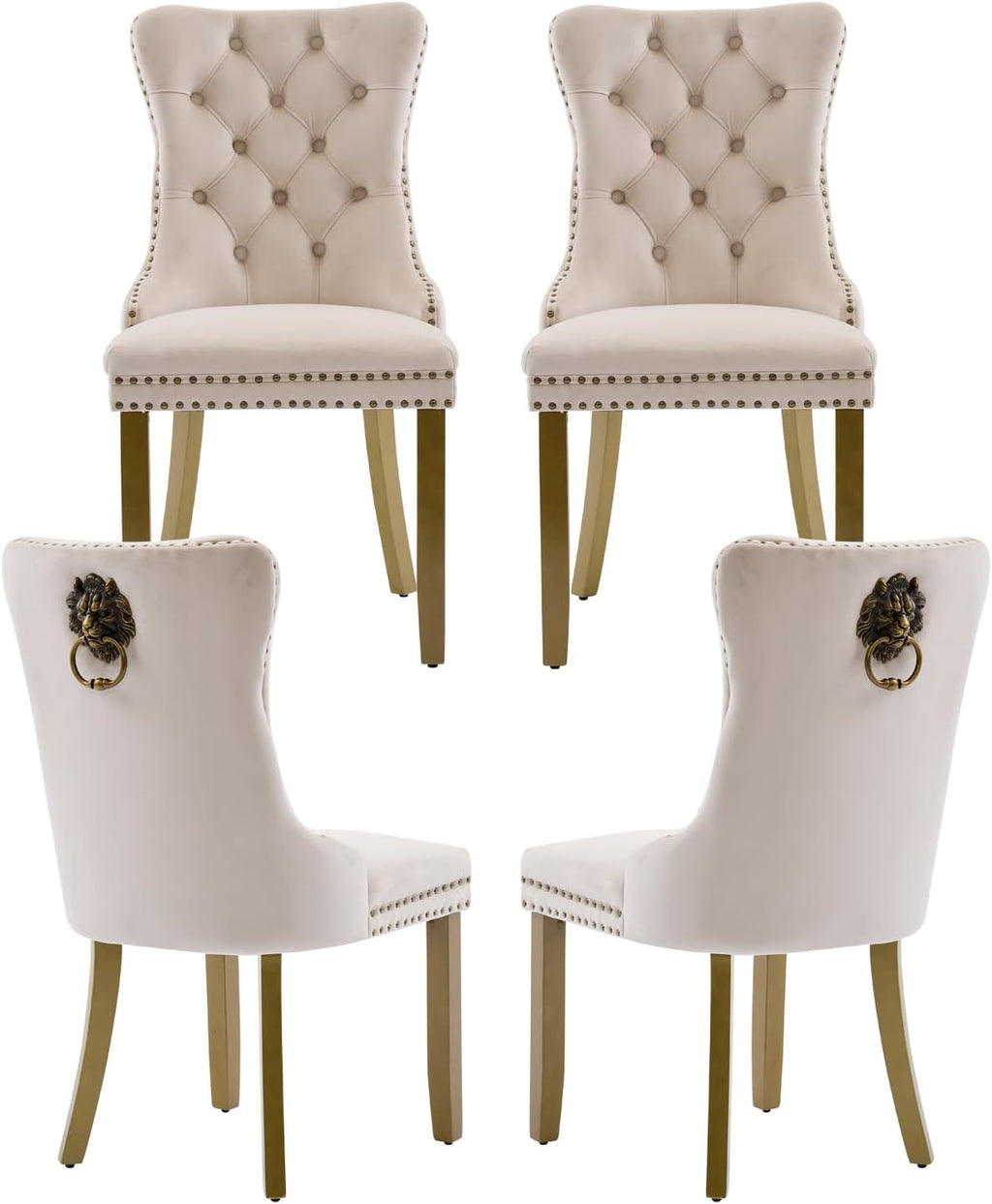 Elevate Your Dining Experience with Our Luxurious Beige Velvet Dining Chairs Set of 4 – Stylish Upholstered Design with Golden Wooden Legs and Elegant Lion Head Pulls