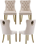Elevate Your Dining Experience with Our Luxurious Beige Velvet Dining Chairs Set of 4 – Stylish Upholstered Design with Golden Wooden Legs and Elegant Lion Head Pulls
