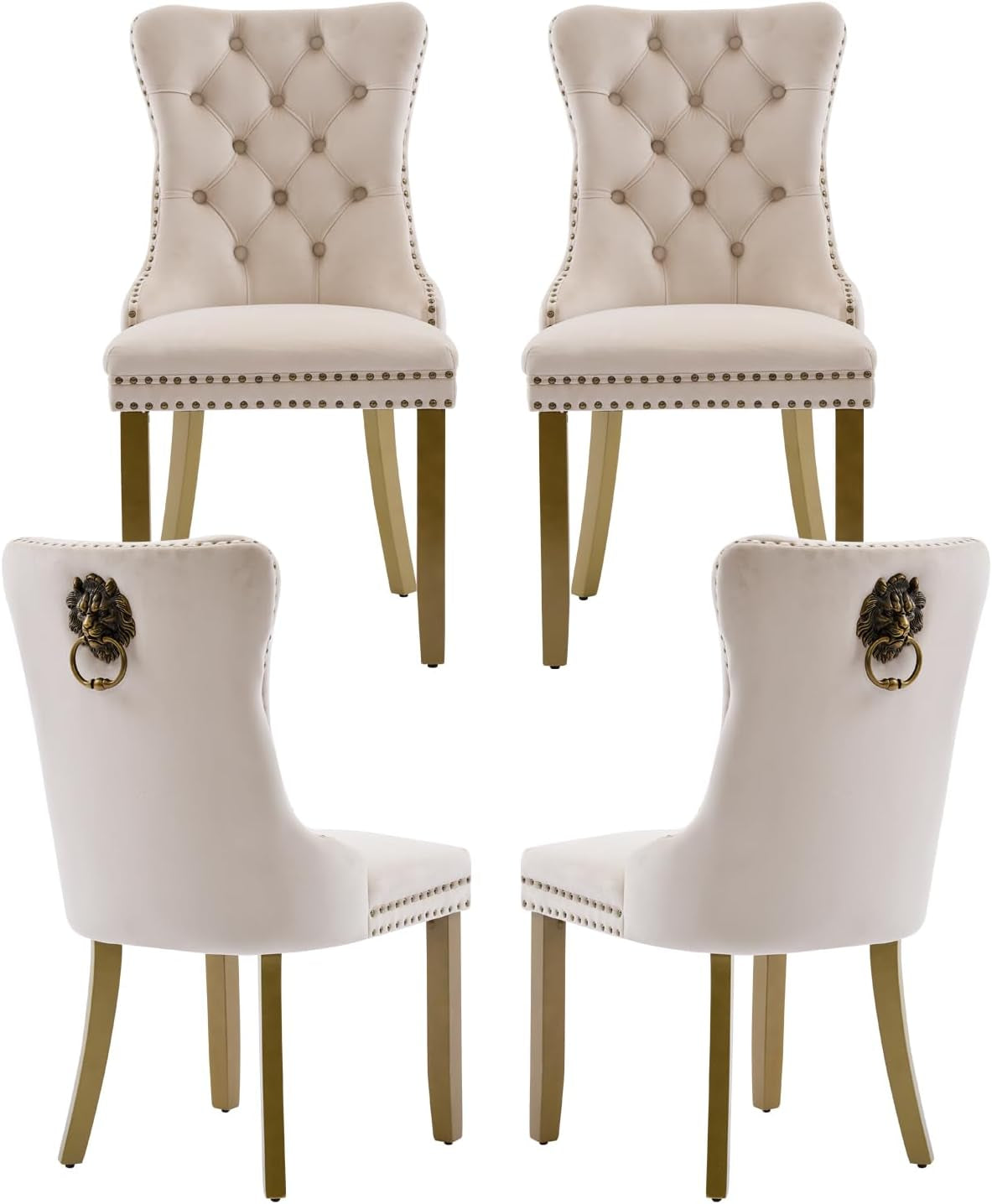 Elevate Your Dining Experience with Our Luxurious Beige Velvet Dining Chairs Set of 4 – Stylish Upholstered Design with Golden Wooden Legs and Elegant Lion Head Pulls