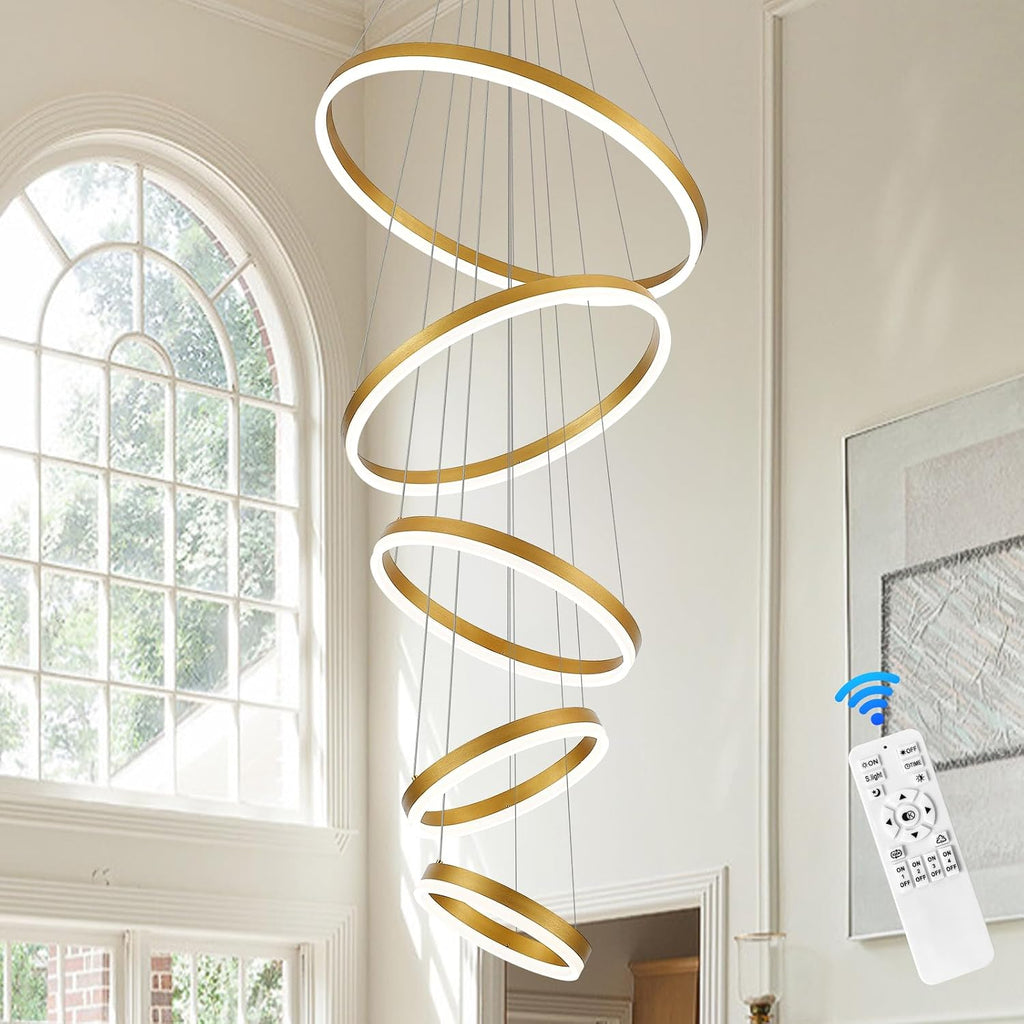 Stunning 5-Ring Gold LED Chandelier - Modern Dimmable Pendant Light Fixture with Remote Control for High Ceilings in Entryway, Living Room, and Staircase