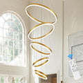 Stunning 5-Ring Gold LED Chandelier - Modern Dimmable Pendant Light Fixture with Remote Control for High Ceilings in Entryway, Living Room, and Staircase