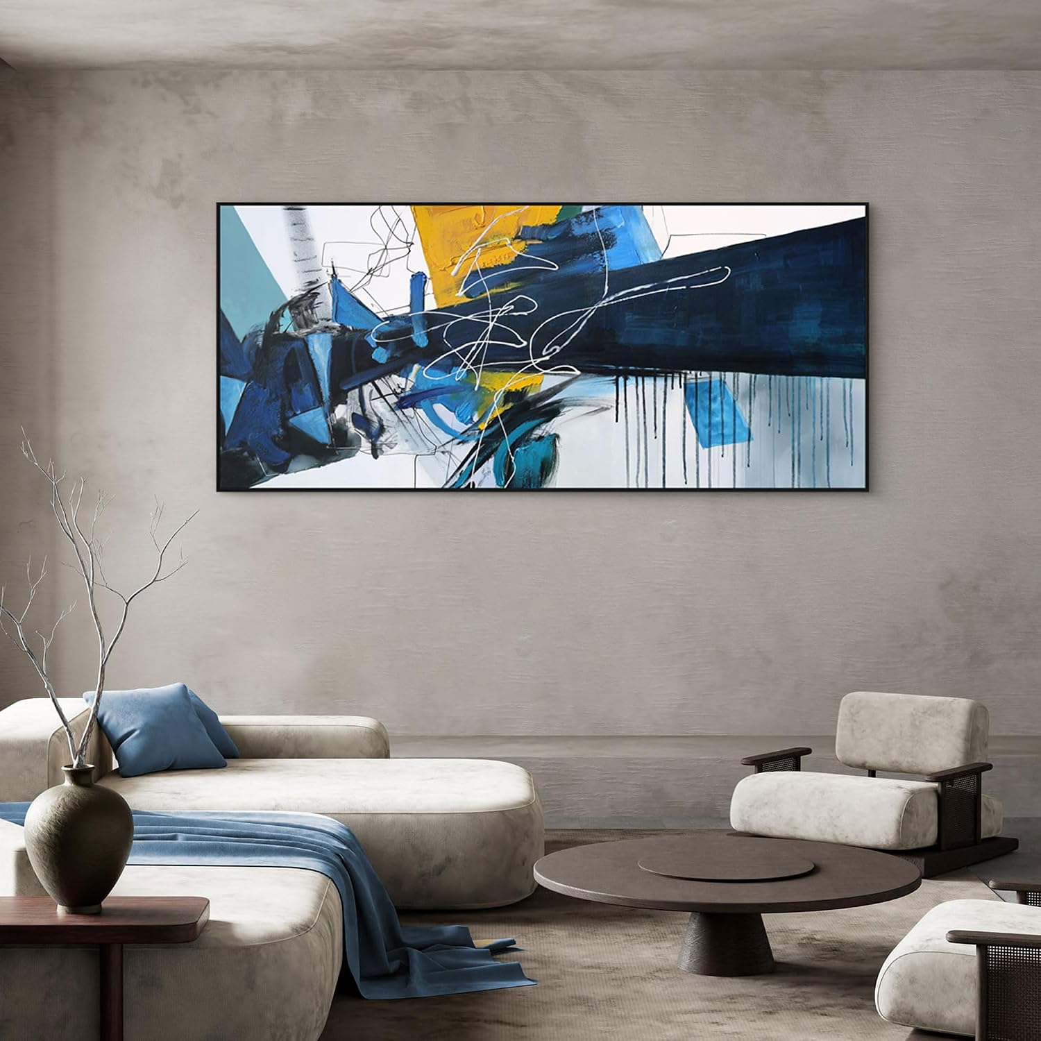 Transform Your Space with Our Extra Large Blue Abstract Framed Canvas Wall Art - Perfect for Living Rooms, Bedrooms, and More (70x31 Inches)