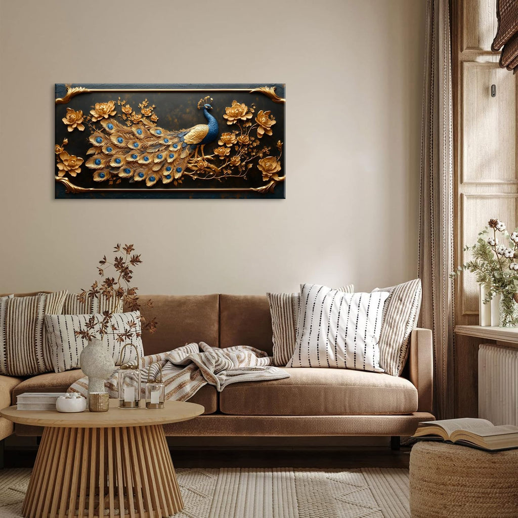 Elegant Gold Country Peacock Wall Art - Stunning 40x20 Inches Canvas Painting for Living Room and Office Decor