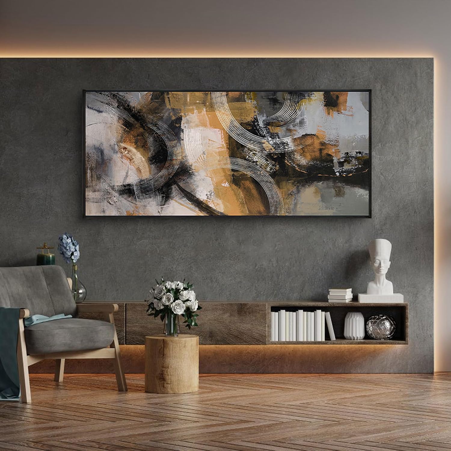 Transform Your Space with Our Stunning Large Abstract Canvas Wall Art - 70x31 Inches in Vibrant Orange, Gray, and Yellow
