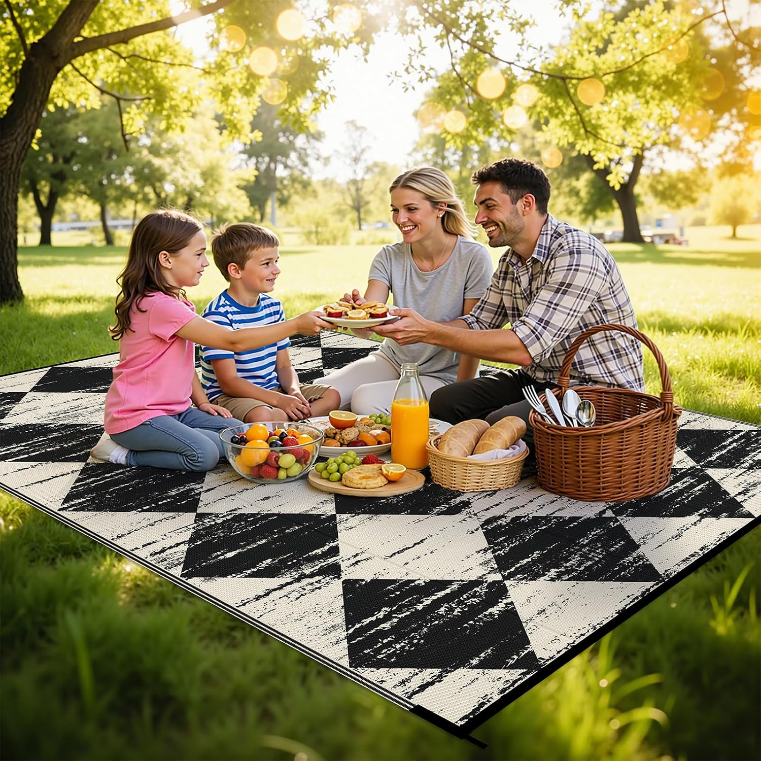 Stylish Waterproof Checkered Outdoor Rug - 5' x 8' Reversible Plastic Mat for Patio, RV, and Beach Adventures