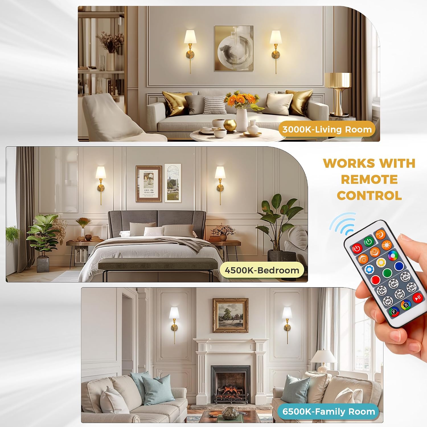 Illuminate Your Space with Our Set of 2 Battery Operated Wall Sconces - Stylish Gold Design with Wireless Remote Control and Adjustable Brightness
