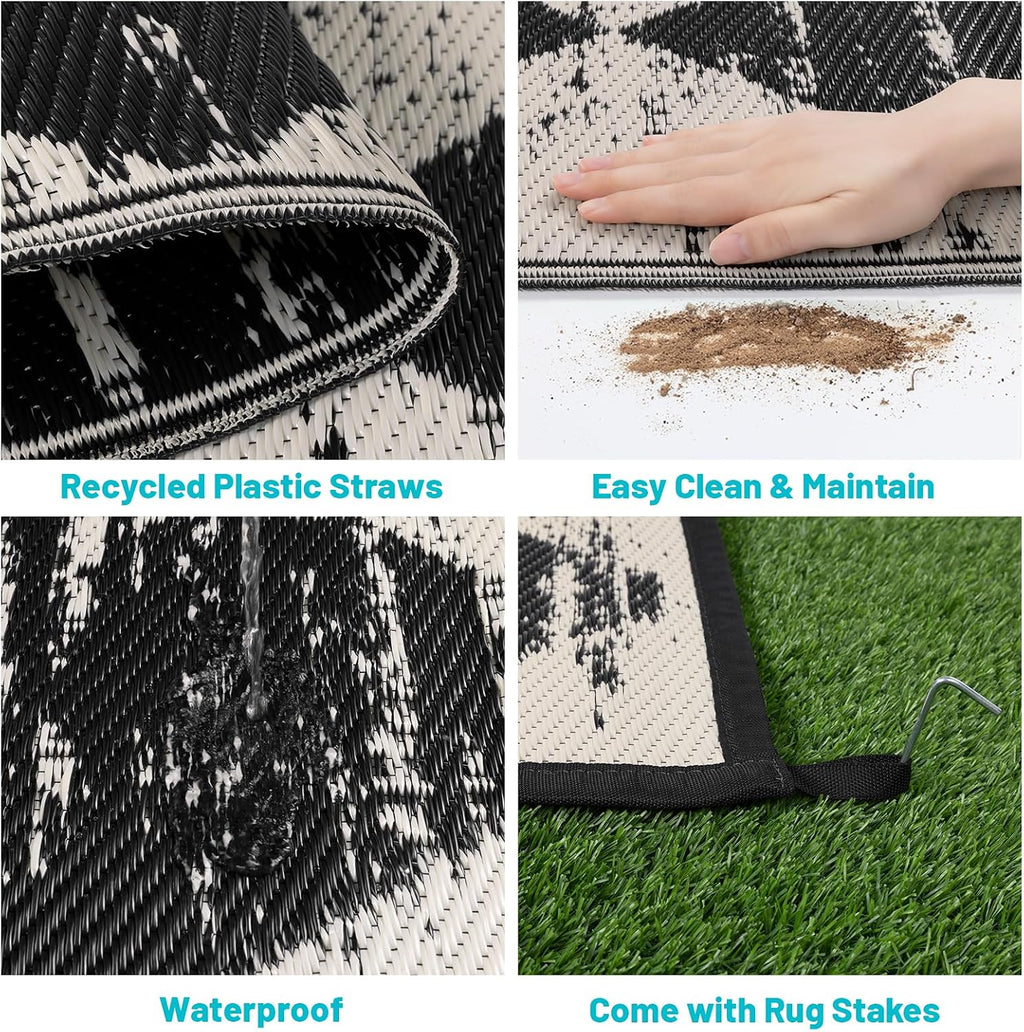 Stylish Waterproof Checkered Outdoor Rug - 5' x 8' Reversible Plastic Mat for Patio, RV, and Beach Adventures