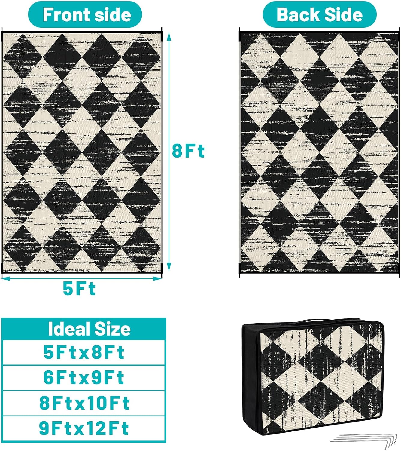 Stylish Waterproof Checkered Outdoor Rug - 5' x 8' Reversible Plastic Mat for Patio, RV, and Beach Adventures