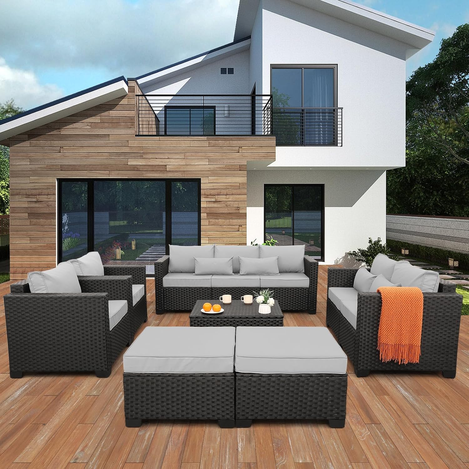 Luxurious 7-Piece Modern Patio Furniture Set with Stylish Light Grey Cushions and Convenient Storage Table
